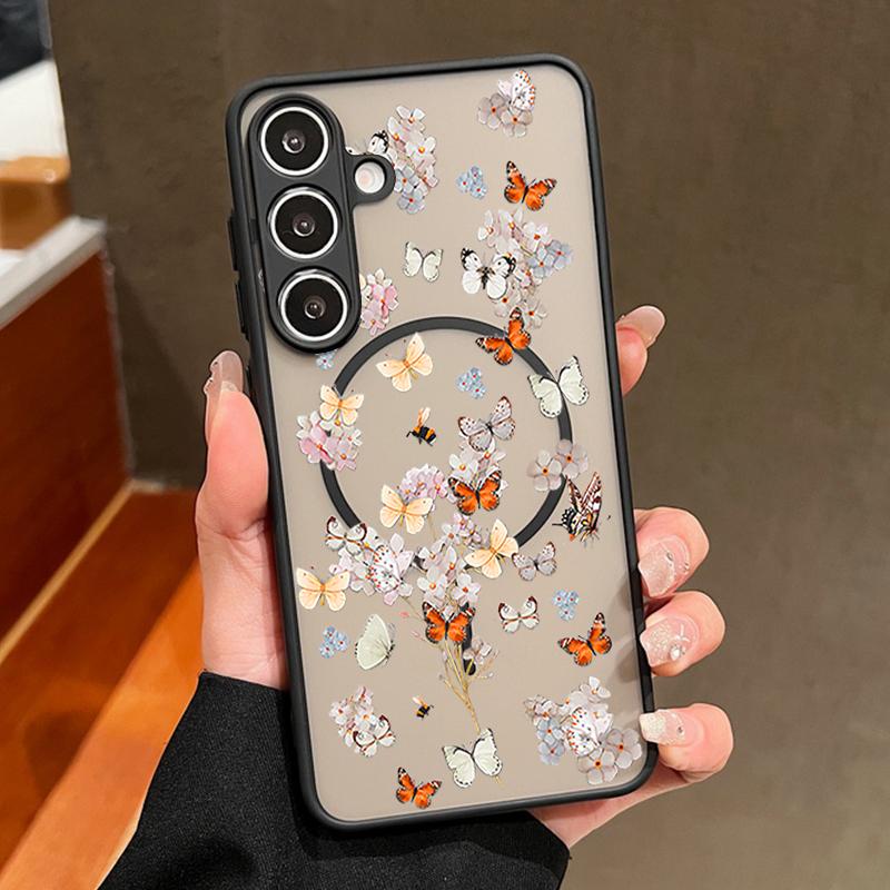 Butterfly Pattern Case For Samsung Galxy S26 Ultra S25 Edge S24 S23 S22 Plus S21 FE Magnetic Thin Ring Skin Texture Cover
