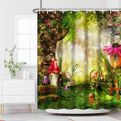 Renaiss 72x72 Inch Enchanted Forest Shower Curtain Fairy Tale Magic Mushroom Trees Flowers Fairytale Wonderland Jungle Shower Cu