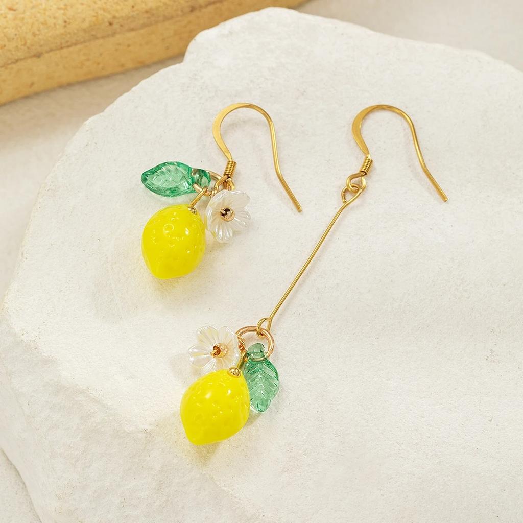 Small Glass Fresh Resin Lemon Fruit Food Pendant Earrings Stainless Steel Earhooks Flower Women's Earrings Asymmetric Earrings