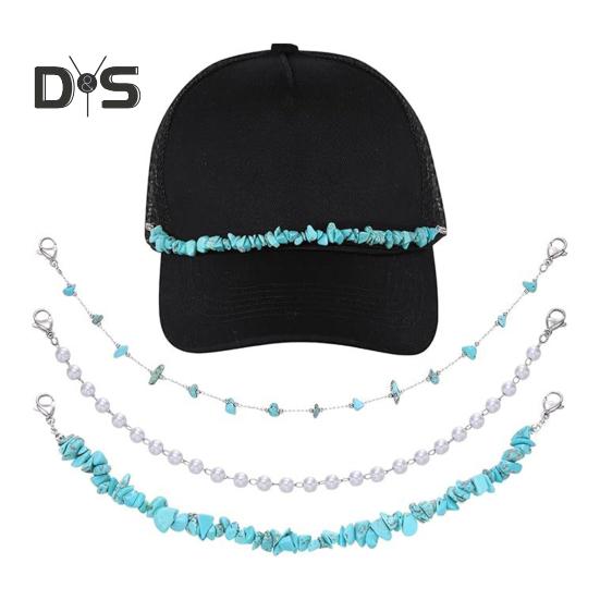 3 Pièces Chaîne de Cheveux Unisexe Style Bohème Pierres Turquoise Irrégulières Décor Floral Chaîne de Chapeau Installation Facile Accessoires pour Port Quotidien