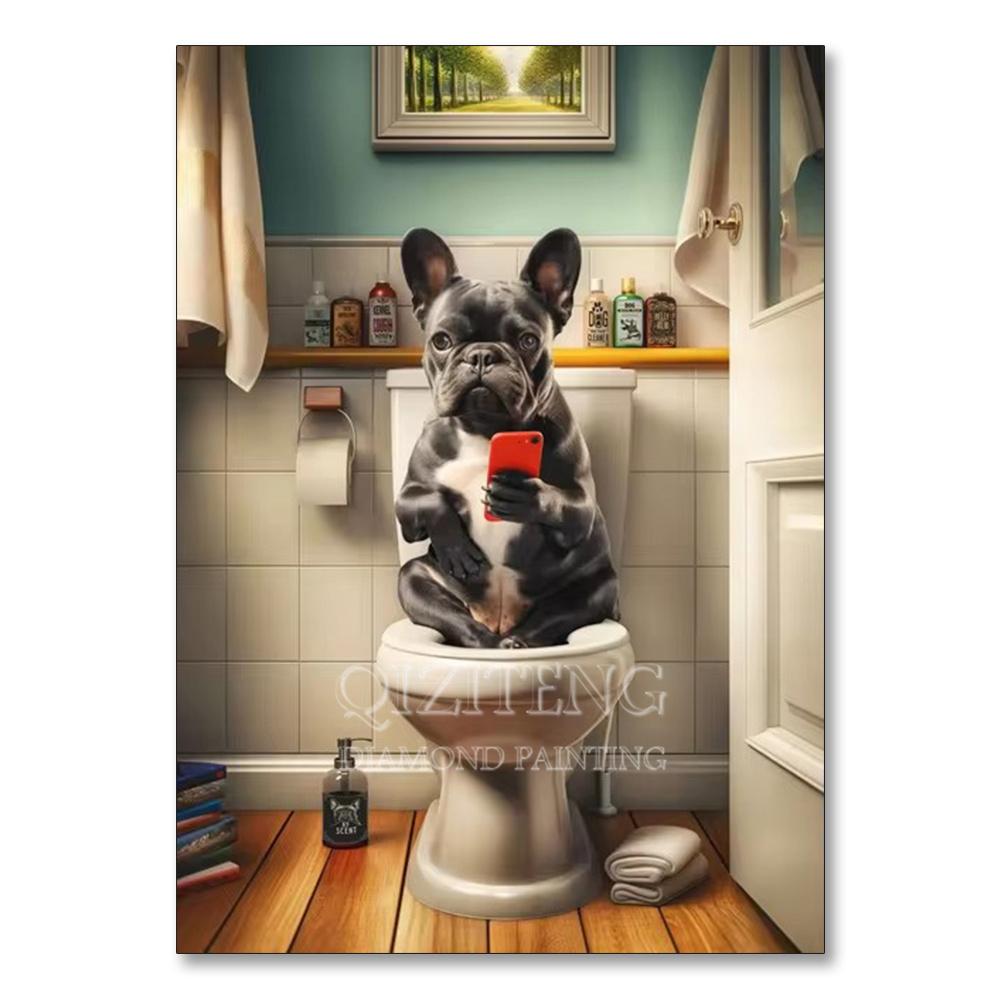 Dog Diamond Painting Cat Toilet Cartoon Diamond Mosaic Animal Full Round_Square Drill Embroidery Funny Bathroom Wall Decor Art