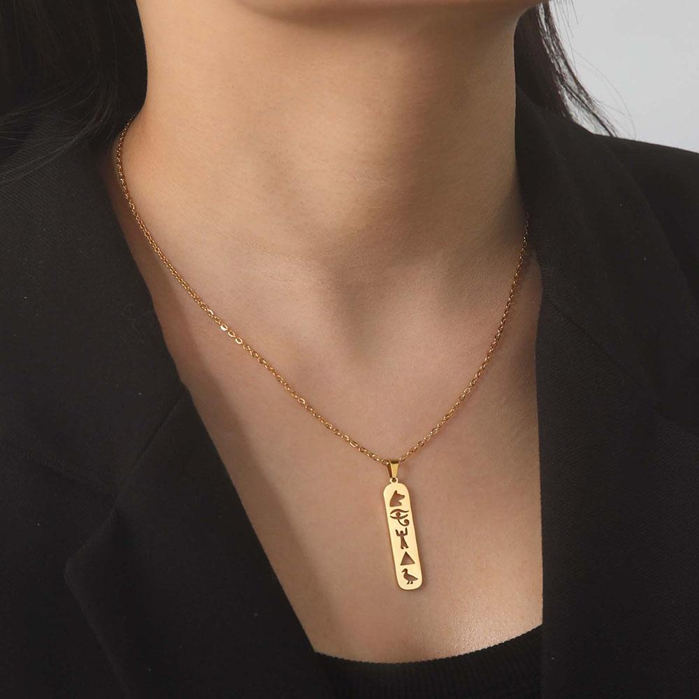 Dawapara Eye of Horus Ankh Cross Necklace Egyptian Cartouche Hieroglyph Pendant Stainless Steel Ancient Spiritual Jewelry