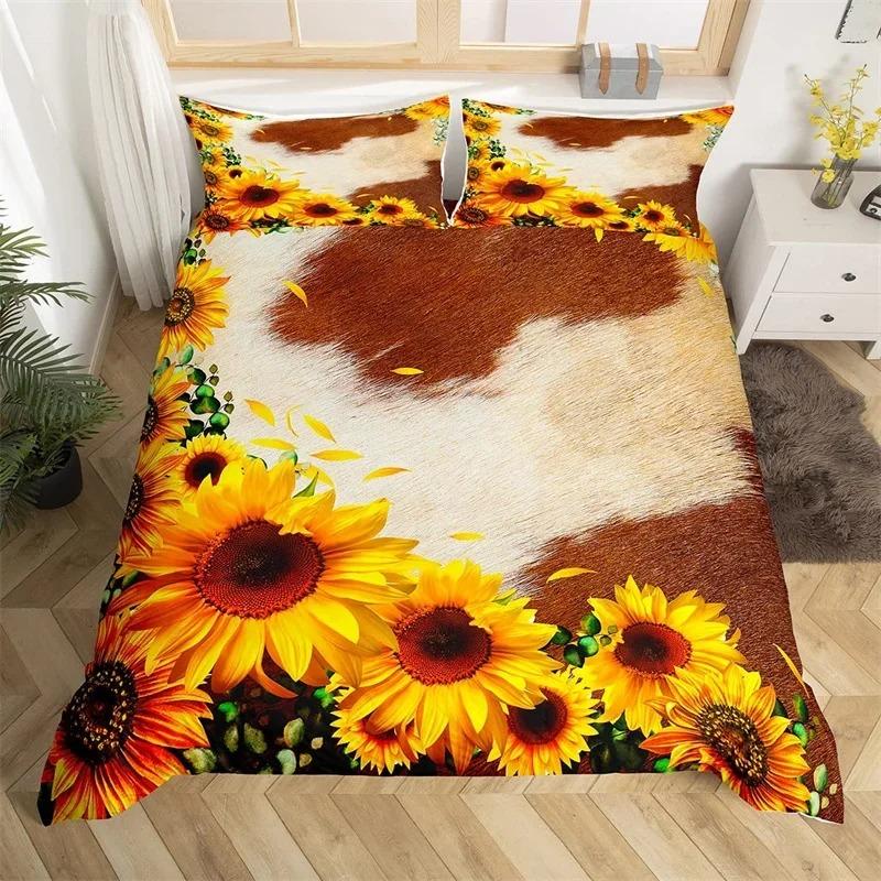 Sunflower Highland Cow Duvet Cover Western Farm Animal Bedding Set Cowhide Comforter Cover Microfiber Twin King Queen Bedclothes