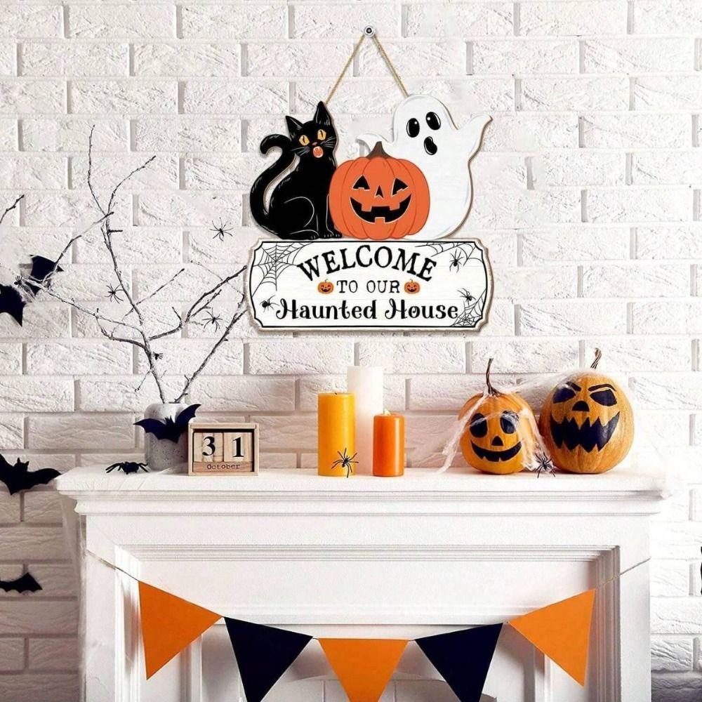 Wooden Spooky Halloween Welcome Door Sign Creative Cute Ghost Cat Pumpkin Hanger Wreath Cartoon Funny Wall Hanging Pendant Kids