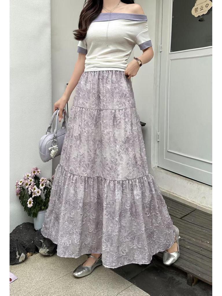 Women's Spring Floral Print Midi Skirt, A-line, Elastic Waist, Versatile, Slimming Design