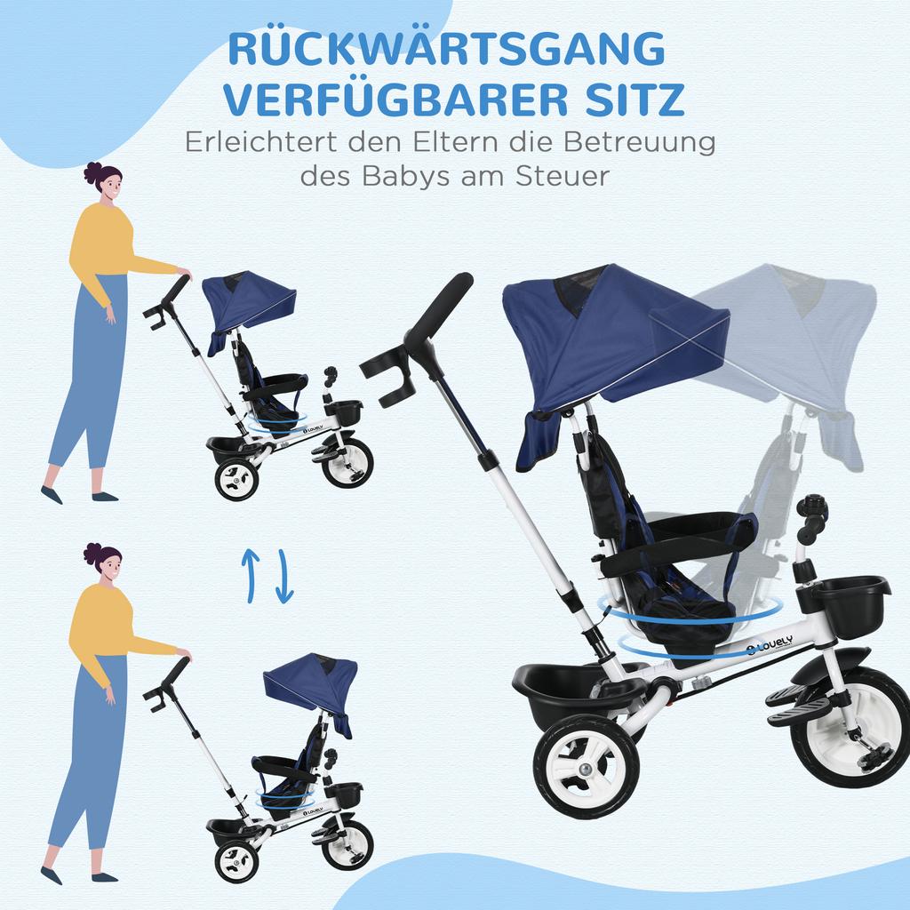 Metal Frame 6 in 1 Baby Push Tricycle with Parent Handle for 1-5 Years Old, Dark Blue