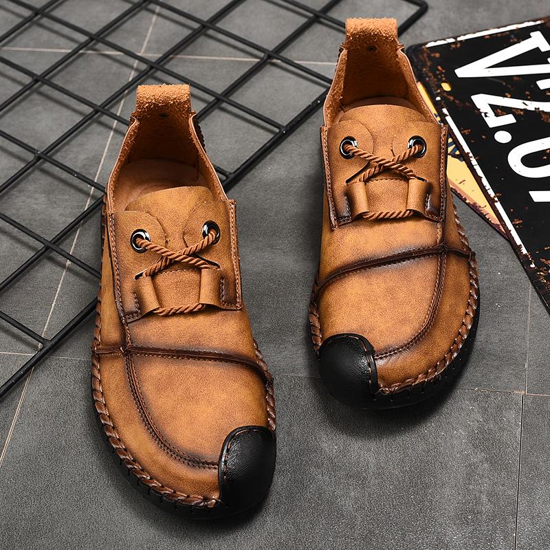 Fashion New Men's Vintage Genuine Leather Shoes Plus Size Lace-up Breathable Loafers Flats Driving Shoes