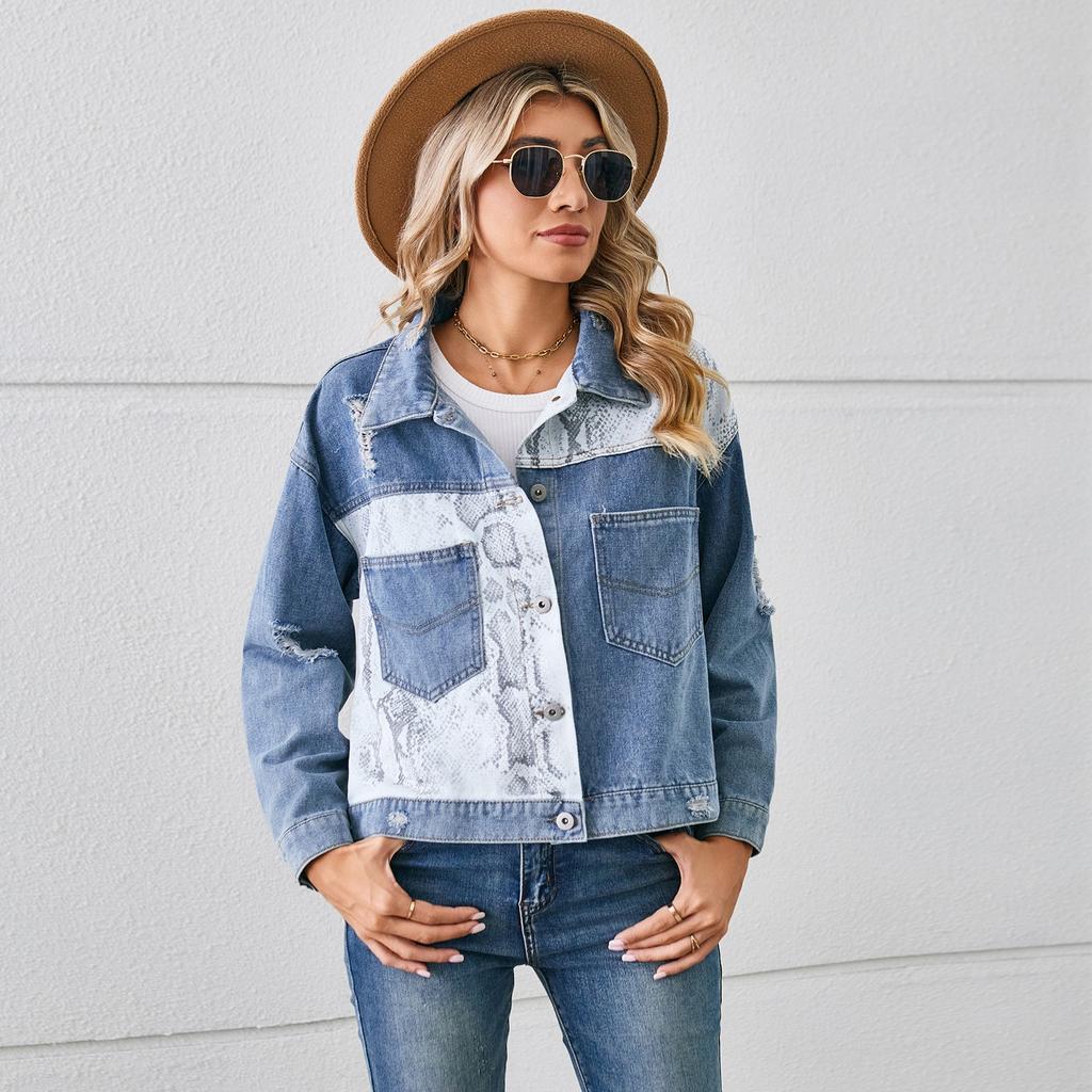 Veste en jean colorblock décontractée pour femme, haut court