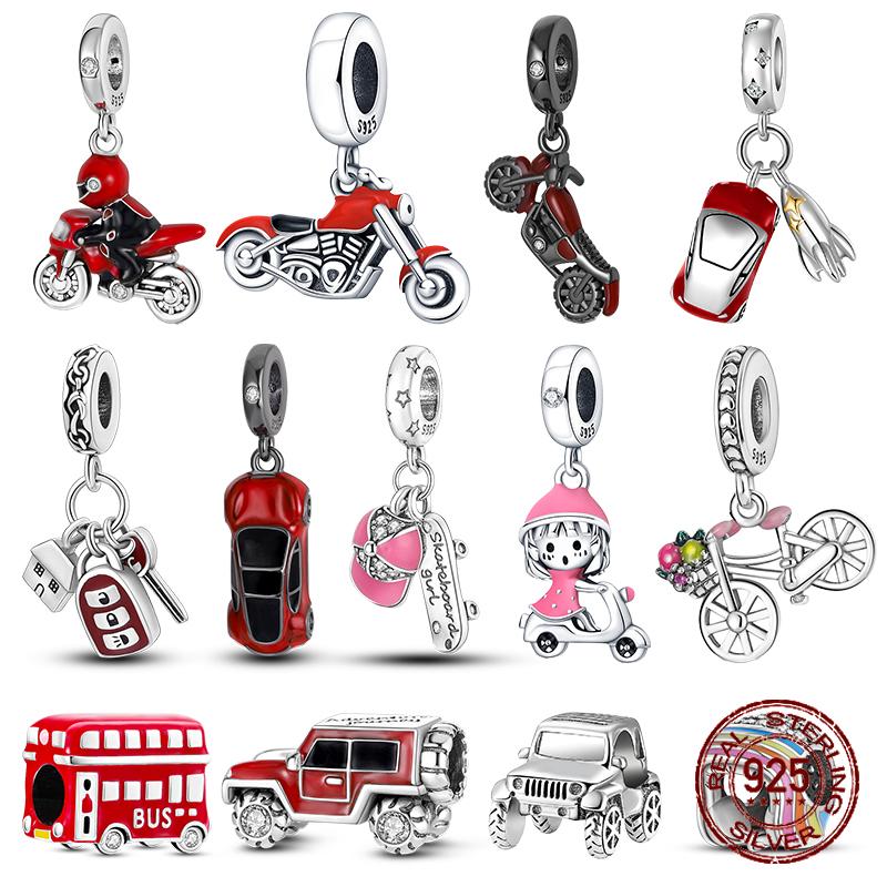 925 Copper Fashion Red Car Key Bus Charms Pendents Beads Fit 4MM Hole Diamete Bracelet Charms For Women Party Zircon Making