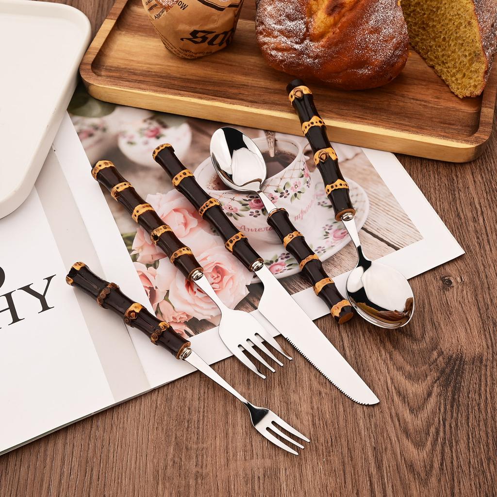 Příborová sada s bambusovou rukojetí, Nerezová příborová sada Nože Vidličky Lžíce Příbory pro Svatbu Domov Restauraci Večírek, 20 KS Servis pro 4 osoby
