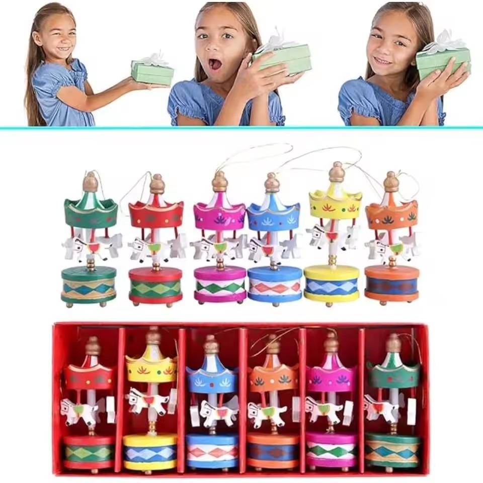 Christmas Wooden Carousel Horse Miniature Ornaments Christmas Tree Hanging Pendants New Year Gift Toy For Kid Home Party Decor