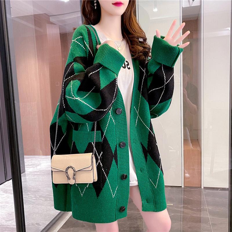 

Клетчатый вязаный кардиган с длинными рукавами и длинными рукавами, свитер, женская зимняя одежда, модные повседневные свободные свитера с v-образным вырезом One Size