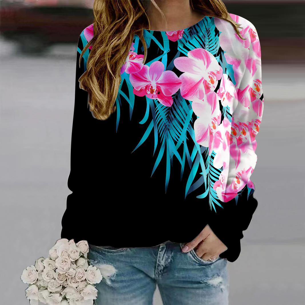 

Осенняя женская мода с круглым вырезом и длинным рукавом, свободная одежда, синяя жемчужно-розовая футболка с принтом для девочек, уличная 8XL розовый