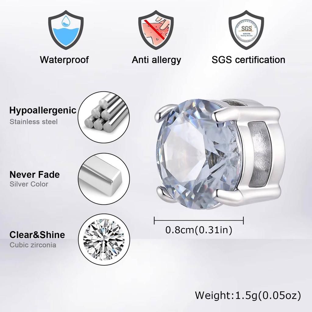 Orecchini a Clip Magnetici Vnox Senza Foro, Borchie Hip Hop con Zirconi per Uomo Donna, Gioielli per Orecchie Rotondi alla Moda Colore Argento Regali per Feste