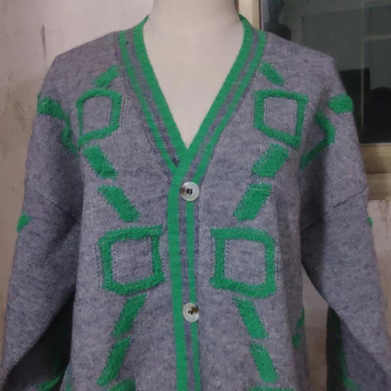 

INDFS Женская мода повседневная осень-зима цветные блоки с принтом длинный рукав V-образный вырез свитера L серый