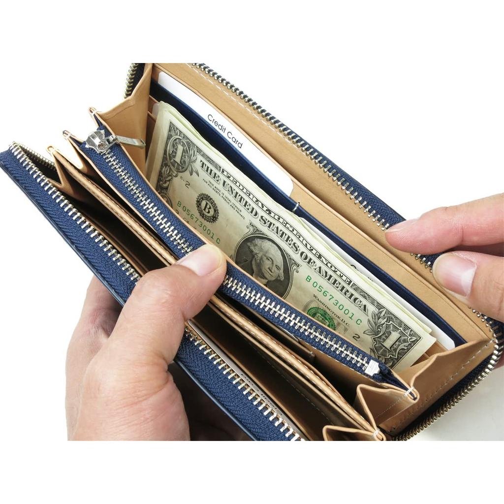 Baggy Port Long Zip-Around Wallet in Indigo-Dyed Leather with Straight Embossed Pattern, Men's, Women's, Unisex, ZYS-297 (Dark Blue)