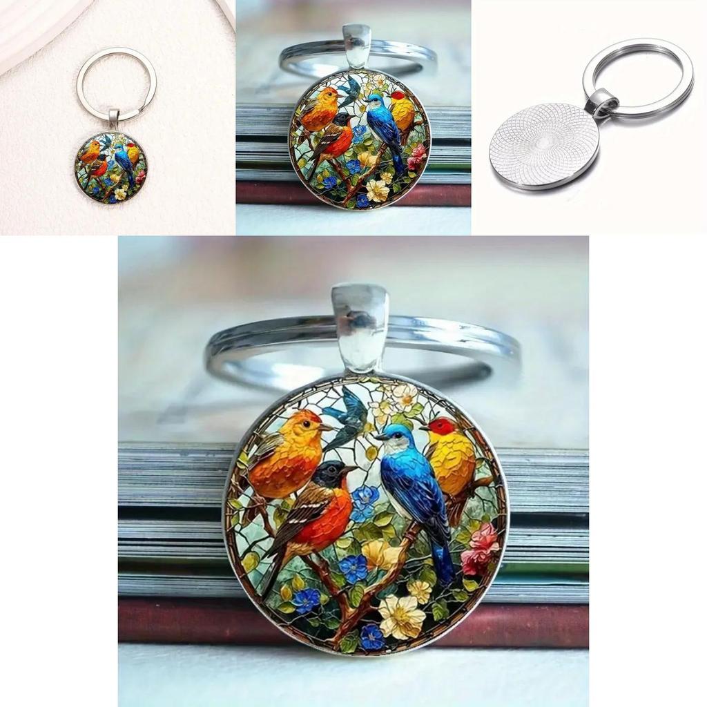 Watercolor Bird Group Glass Keyring With Alloy Material For Gift And Everyday Use