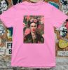 Frida Inspired T-Shirt – Pink Floral Portrait Art Tee Boho Artistic Graphic