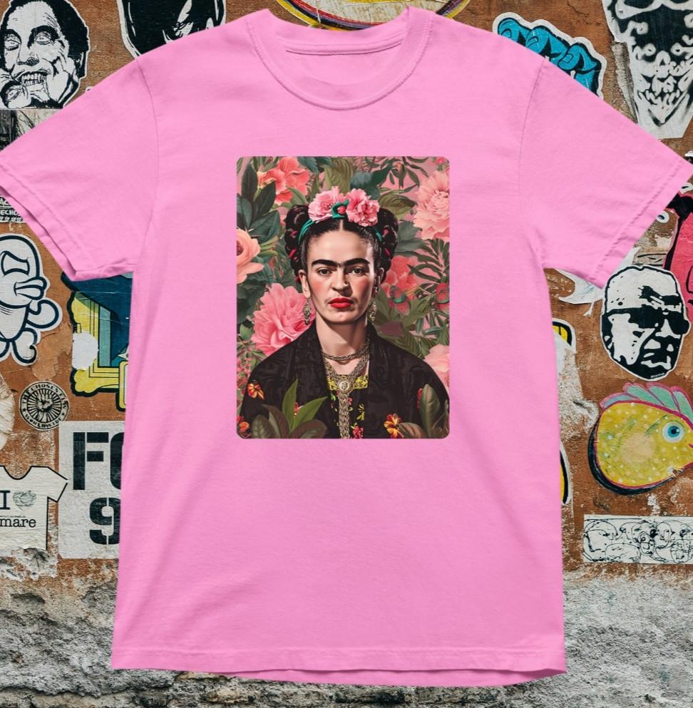 Frida Inspired T-Shirt – Pink Floral Portrait Art Tee Boho Artistic Graphic XXL