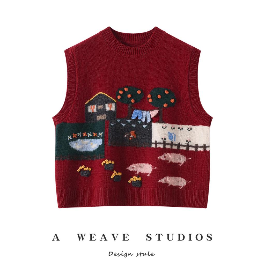 Spring & Autumn Hand-Knitted Sleeveless Cashmere Jacquard Vest - Retro Round Neck, Loose Fit