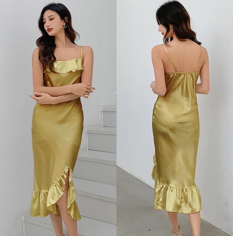 Yaoting solid color ice silk temperament suspender nightdress sexy ruffle bottom swing split pajamas loungewear CQ1111