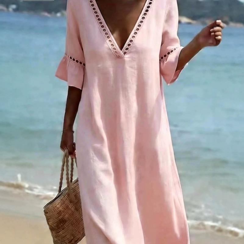 Summer V Neck Half Sleeve Loose Beach Holiday Dress Women Fashion Lace Patchwork Solid Color Party Dresses Women Midi Dress