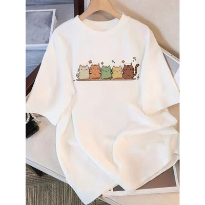 Funny Whimsical Cartoon Cat  Star Print Tshirt Womens Harajuku Short Sleeve Casual Womens Tshirt Clothing Street Tops Tees