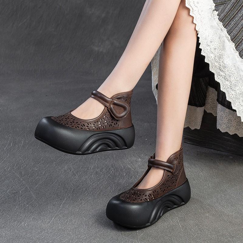 Johnature Sandálias de couro legítimo com sola grossa romanas respiráveis e plataforma plana feminina