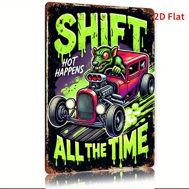 Vintage Hot Rod Cartoon Mouse Metal Tin Sign Shift Happens Retro Wall Art Rustic Iron Decor for Home Bar Cafe Garage
