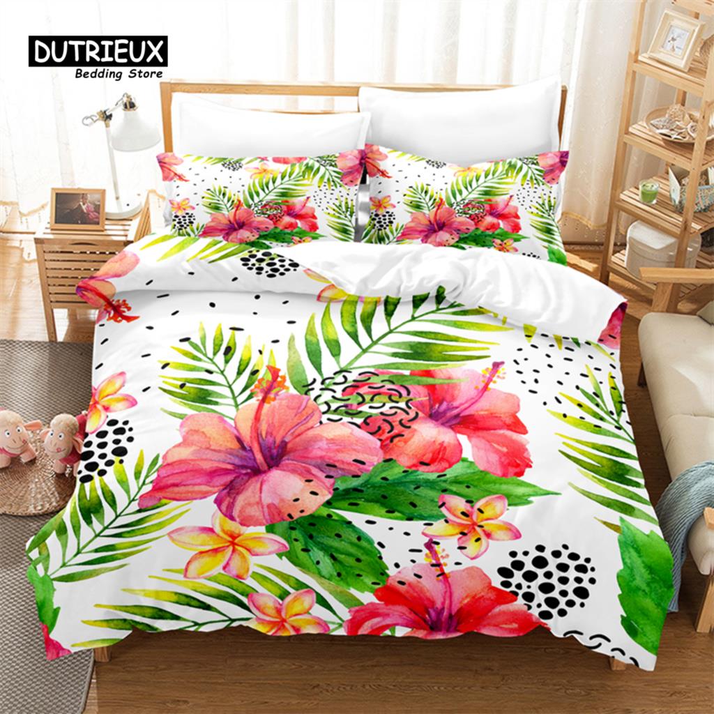 Cartoon Beautiful Flower Bedding Set, Leaf Duvet Cover Set, Soft Comfortable Breathable Duvet Cover, Bedroom Guest Room Decor