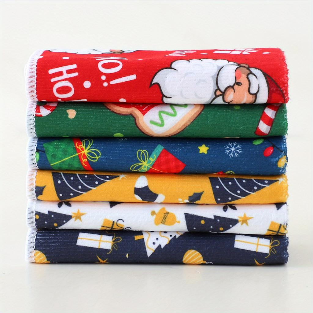 Christmas Cartoon Dish Towels Set, 1/3/6-Pcs - Polyester Knit Fabric Low Lint Kitchen Towels with Santa and Holiday Theme