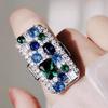 Luxury Colored Treasure Heavy Industry Row Inlaid Women's Ring, Light Luxury Imitation Blue-green Zircon Design, High-end Dinner Wearing Jewelry