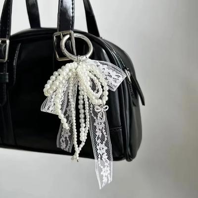Korean Cute Lace Bow Pearl Beaded Phone Pendant Chain Accessories Aesthetic Ballet Shoes Camera Bag Decoration Keychain Gift