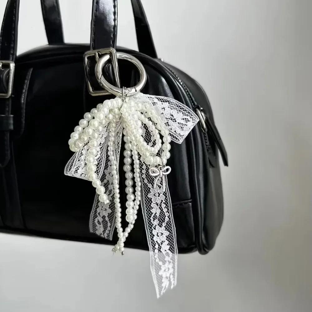 Korean Cute Lace Bow Pearl Beaded Phone Pendant Chain Accessories Aesthetic Ballet Shoes Camera Bag Decoration Keychain Gift