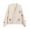 Autumn Womens Clothes Fashion Embroidery Strawberry Knitted Sweater Cardigan Sweet V-Neck Lantern Long Sleeve Loose Cardigans Coat