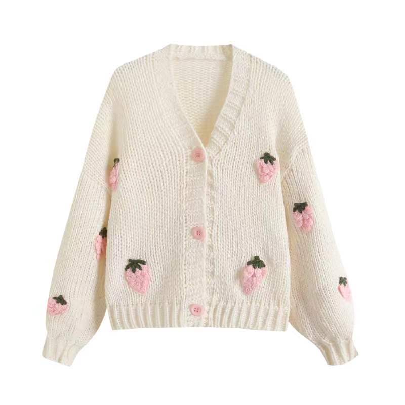 Autumn Womens Clothes Fashion Embroidery Strawberry Knitted Sweater Cardigan Sweet V-Neck Lantern Long Sleeve Loose Cardigans Coat