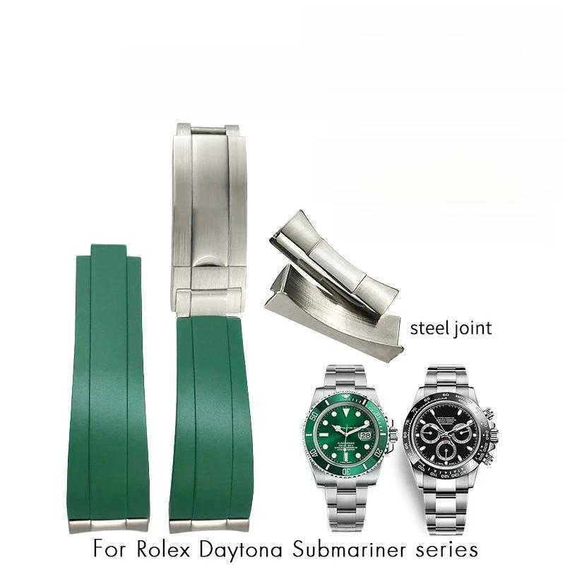 20mm 21mm Cinturino in Gomma con Maglie Metalliche e Attacco Curvo per Rolex Submariner DAYTONA Yacht-Master GMT Braccialetti in Silicone
