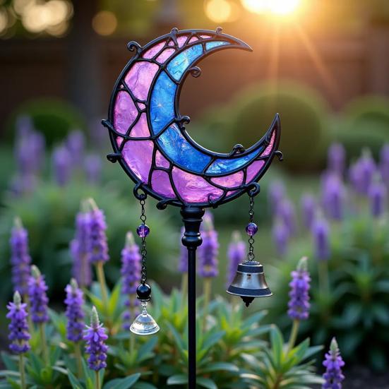 Moon Garden Stake Metal Crescent Design Stake Blue And Purple Moon Decoration for Flower Bed Yard Art