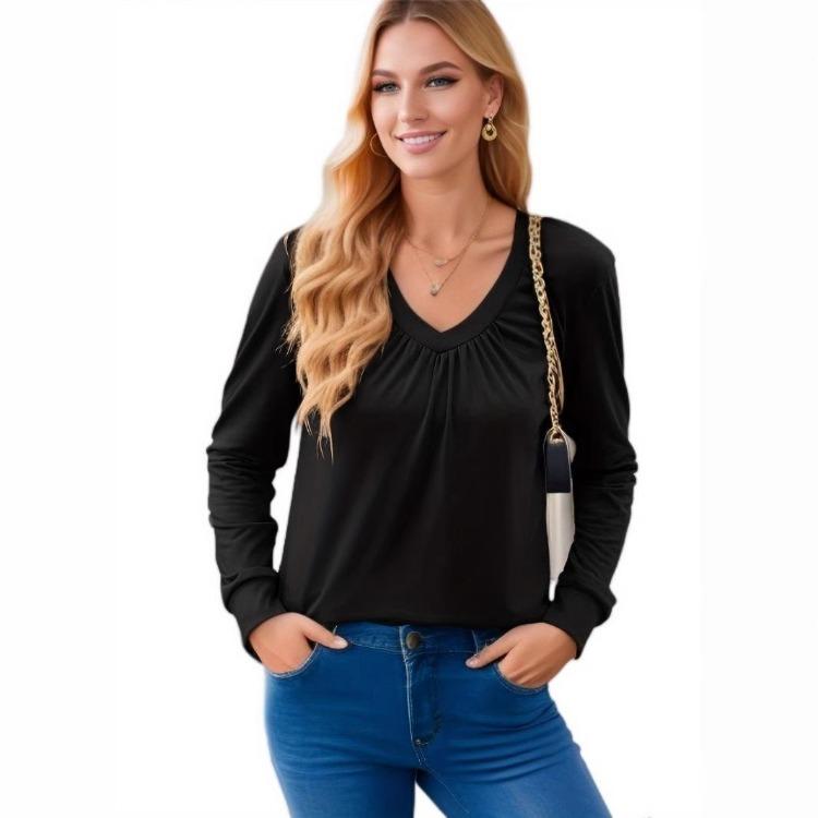 Casual Pleated V Neck Long Sleeve Blouses for Women Spring Summer