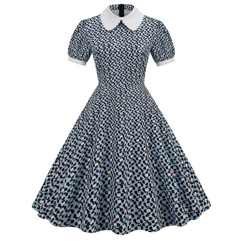 

European Station Summer Sweet Printed Peter Pan Collar Silm A- line High Waist Slim Looking Puff Short Sleeve Dress Dress On the picture S