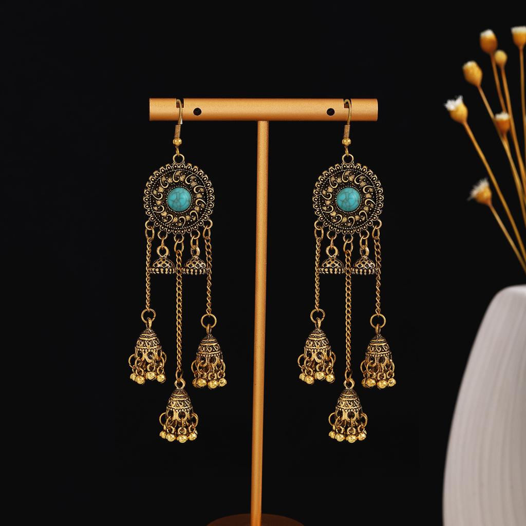 Ethnic Style Vacation Style Geometric Round Personalized Earrings, Retro Alloy Long Fringed Bell Pendant Ears