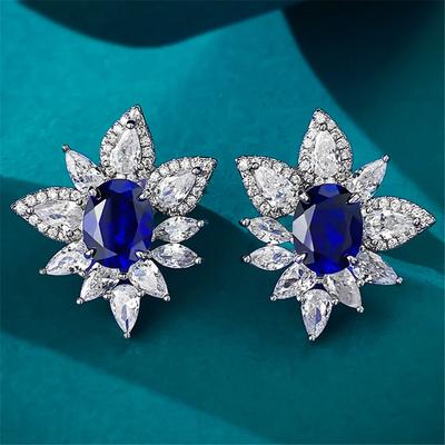Vintage Silver Color White Blue Zircon Flower Stud Earrings for Women Wedding Party Jewelry