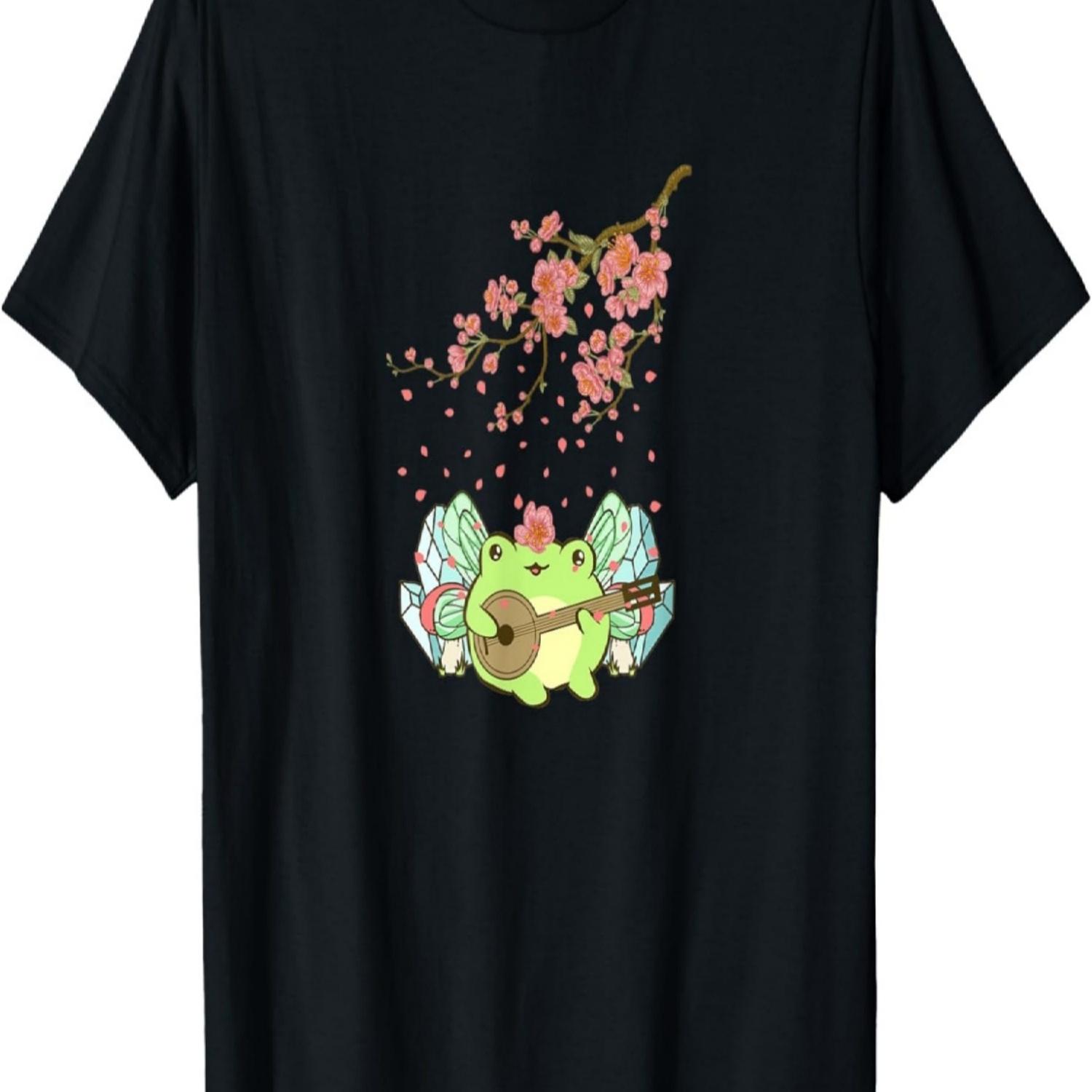 Fairycore Aesthetic Fairy Frog Playing Banjo Cherry Blossom T-Shirt(1) S чёрный