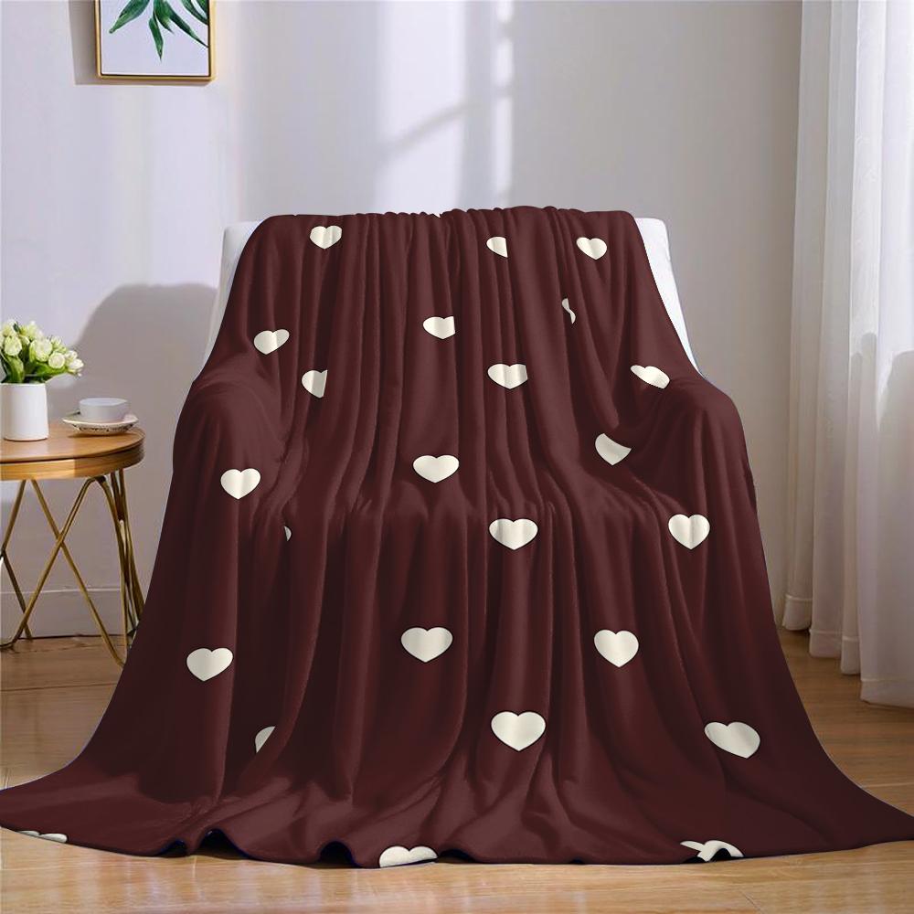 Burgundy Background Cream Heart Flannel Blanket Warm Soft Halloween Christmas Couch Warm Cozy Decorative Decor For All Season