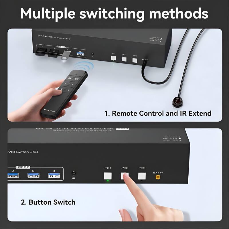 8K 60Hz HDMI+DP 3-Port KVM Switch with USB 3.0