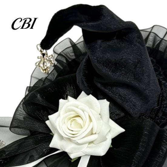 Halloween Night Essentials Witch Hat with Rose for Women, Gothic Vintage Mini Wizard Creative Props Headpiece Veil Costume, Dress Up, Masquerade Party