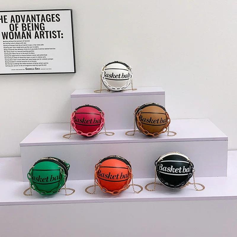Personality Graffiti Round Ball Bag For Women PU Leather Crossbody Acrylic Chain Handbags and Purses Female Basketball Bag