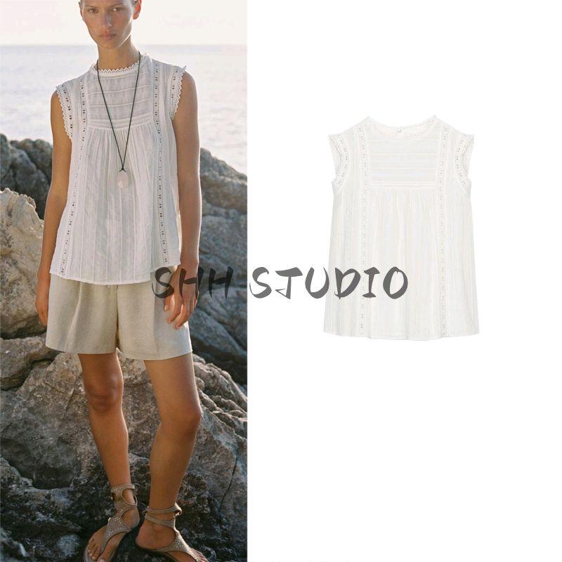 Summer New Product Women's Clothes Romantic Style Frill Decoration Vertical Lacework round-Neck Sleeveless Tops 1821121
