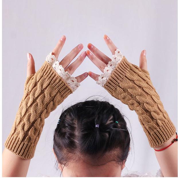Women's Winter Knit Half-Finger Gloves with Pretty Lace Cuff