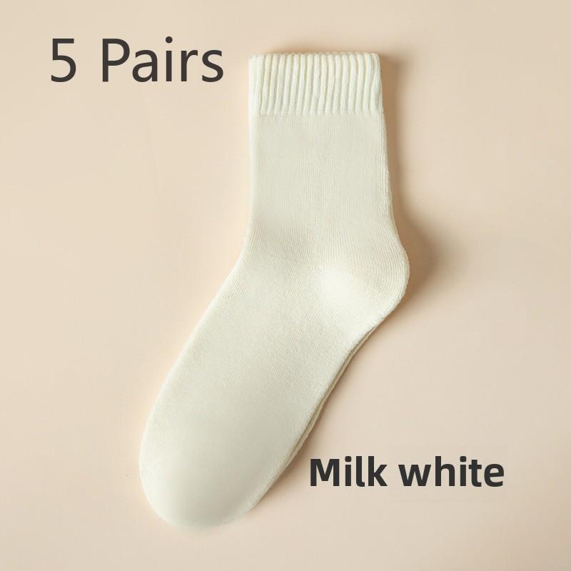 5 Pairs of Thick and Fleece Warm Loop Mid Calf Cotton Socks for Women In Autumn and Winter